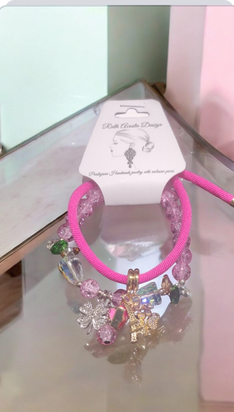 Set de pulsera en cordon elástico rosa y Swarovski