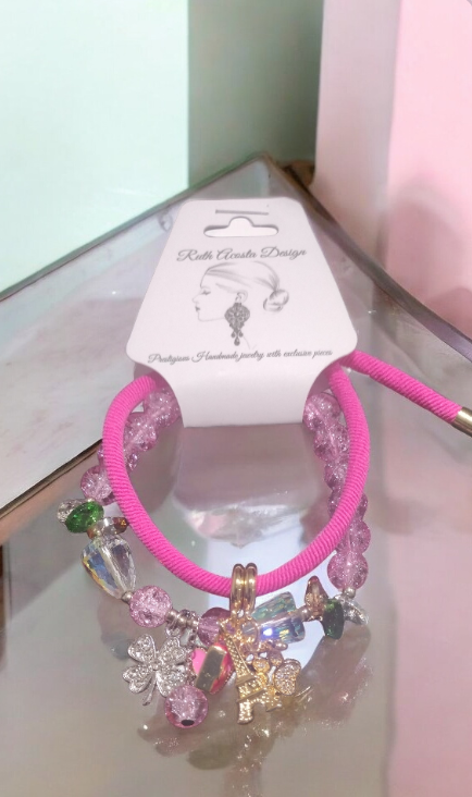 Set de pulsera en cordon elástico rosa y Swarovski