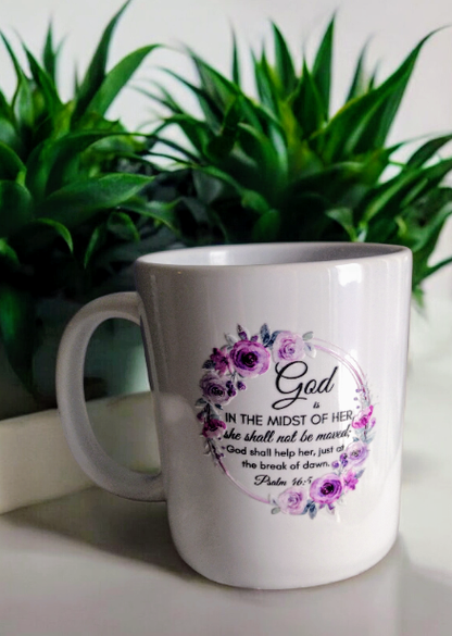 Coffee mug with a Bible quote and flower details 💐