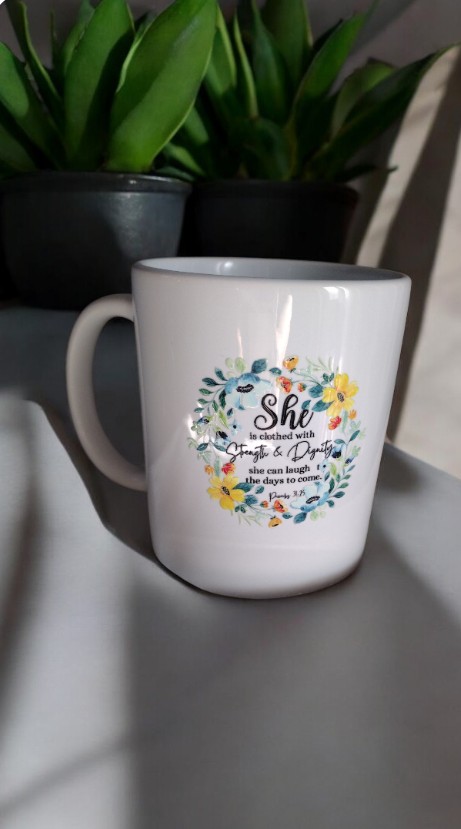 White Biblical Quote Mug with Flowers💐