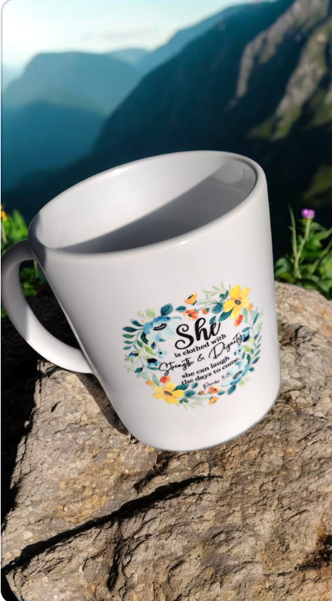 White Biblical Quote Mug with Flowers💐