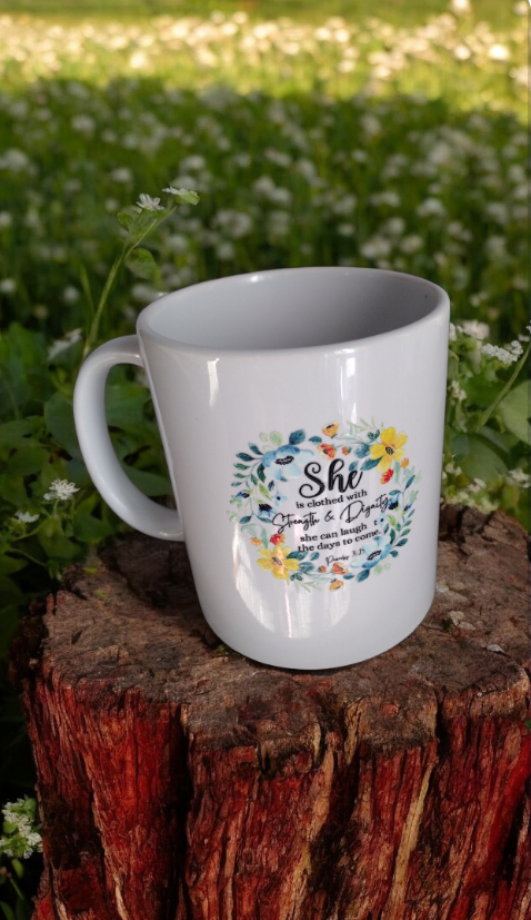 Taza con cita Biblica Blanca con Flores💐