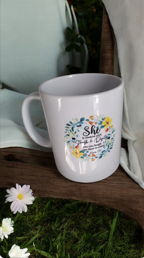 White Biblical Quote Mug with Flowers💐