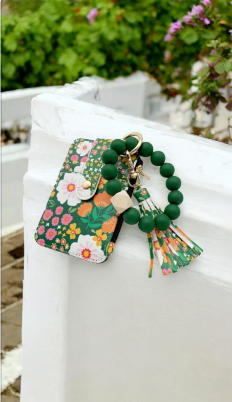 Llavero en forma de Pulsera Floral verde  y Porta Tarjetas 💐